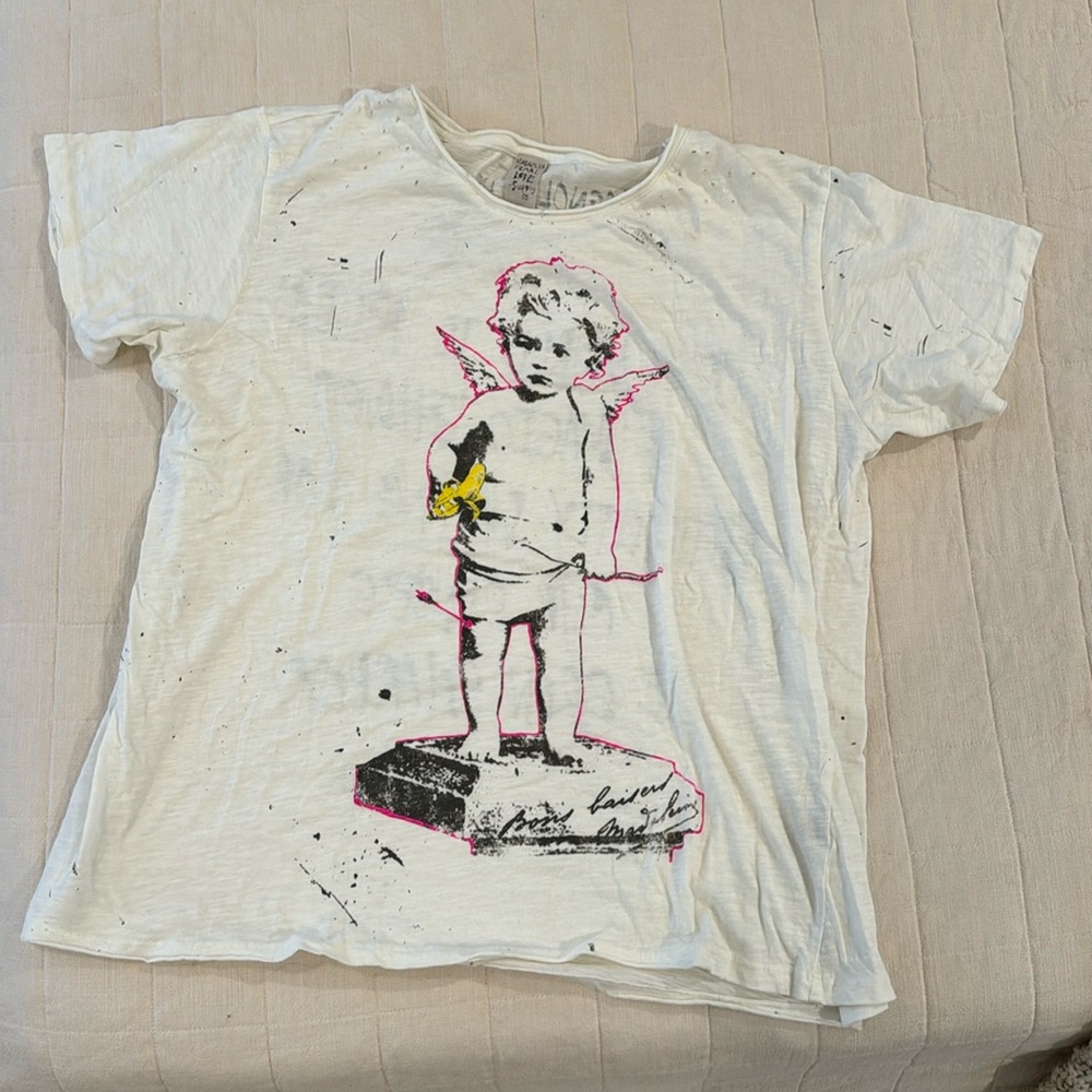 Magnolia Pearl Angelic Graphic Tee in White with Pink and Yellow Accents
